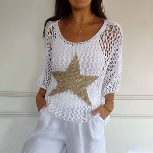 Marouso - Casual Round Neck Knitted Mesh Top