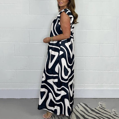 Women's Abstract Print V-Neck Ruffle Sleeve Wide Leg Jumpsuit