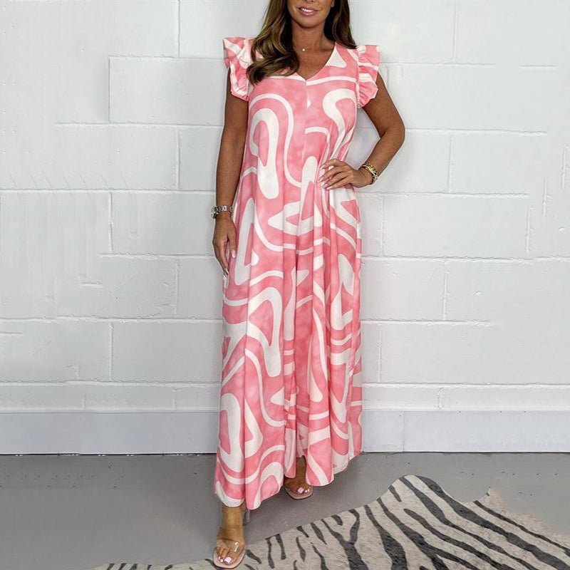 Women's Abstract Print V-Neck Ruffle Sleeve Wide Leg Jumpsuit