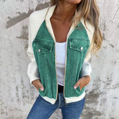 Veste femme style denim zippée – veste casual patchwork confortable