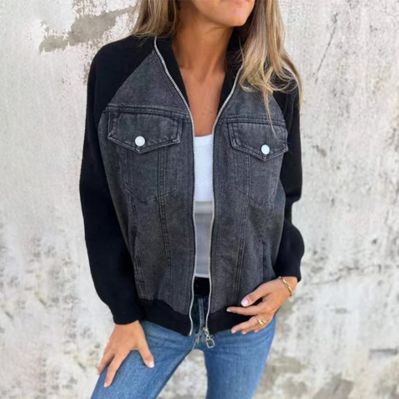 Veste femme style denim zippée – veste casual patchwork confortable