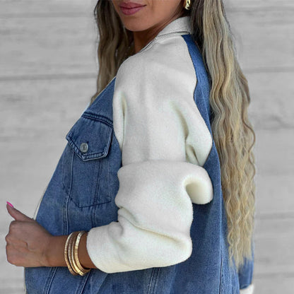 Veste femme style denim zippée – veste casual patchwork confortable