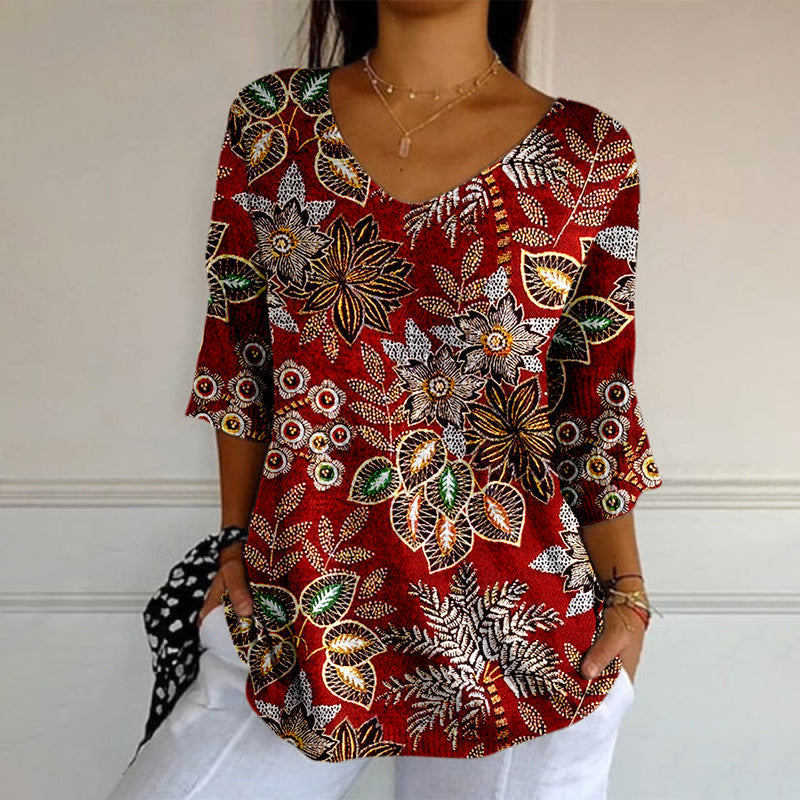 Vintage Leaf Print Long Sleeve T-Shirt