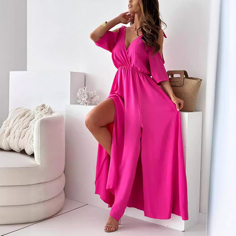 Dellaa - Elegantes Kleid It V-Ausschnitt Und Seitenschlitz
