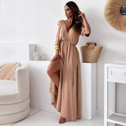 Dellaa - Elegantes Kleid It V-Ausschnitt Und Seitenschlitz