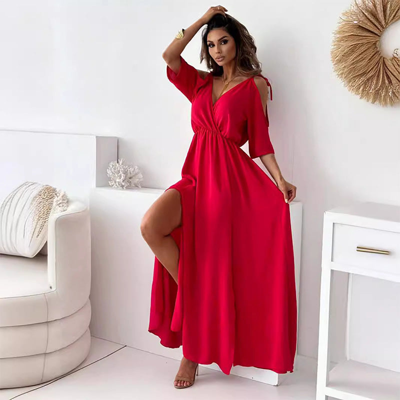 Dellaa - Elegantes Kleid It V-Ausschnitt Und Seitenschlitz