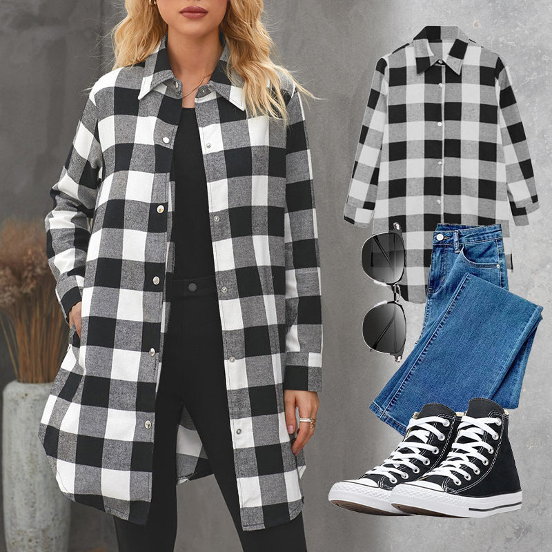 Veste chemise femme à carreaux longue – surchemise casual coton automne