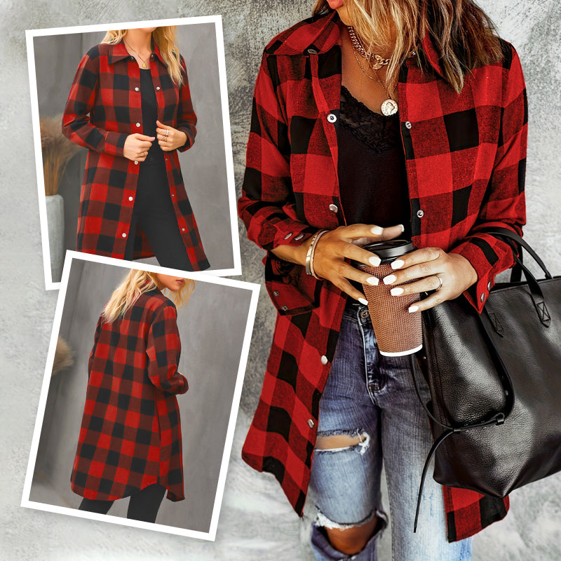 Veste chemise femme à carreaux longue – surchemise casual coton automne