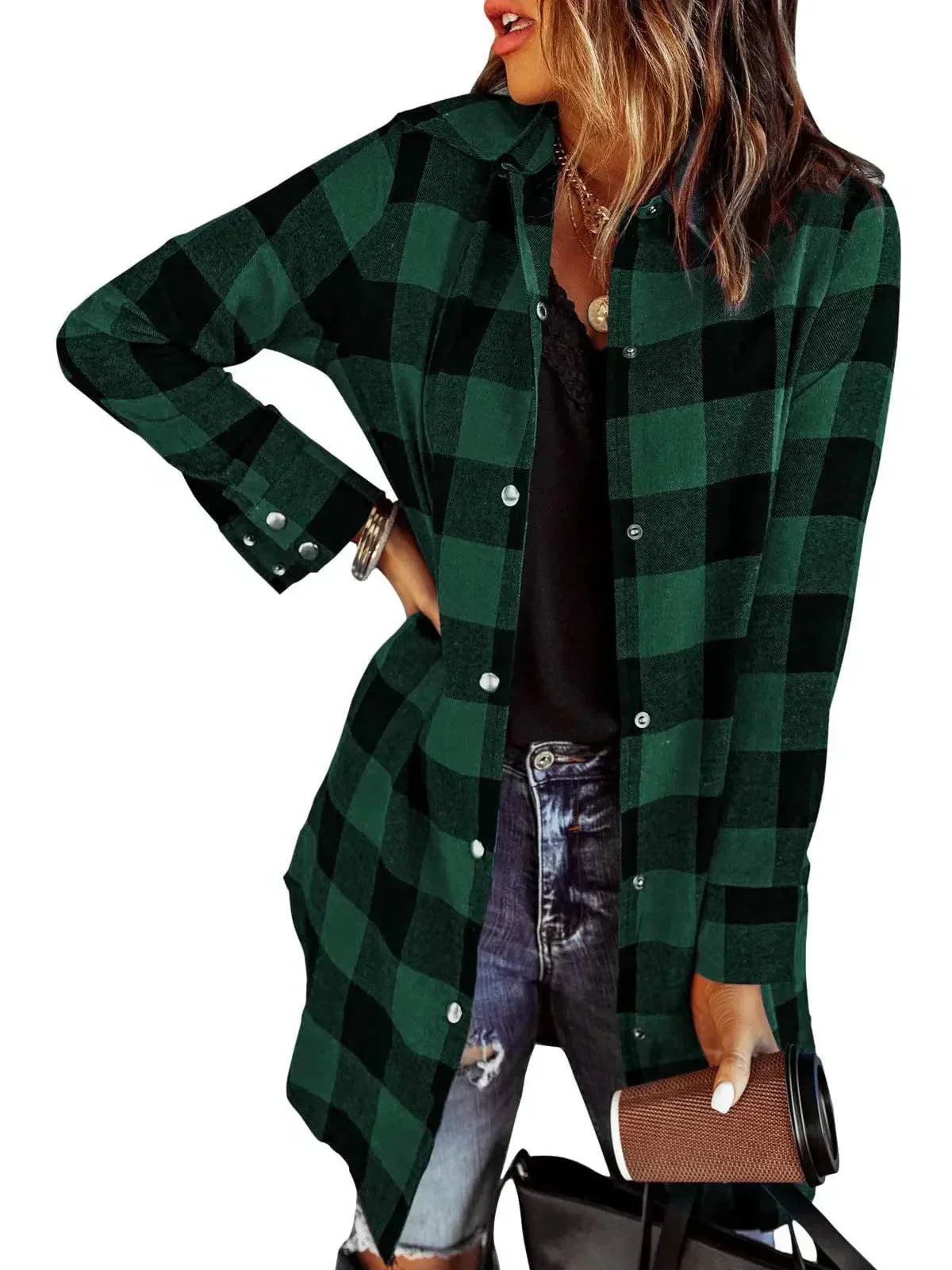 Veste chemise femme à carreaux longue – surchemise casual coton automne