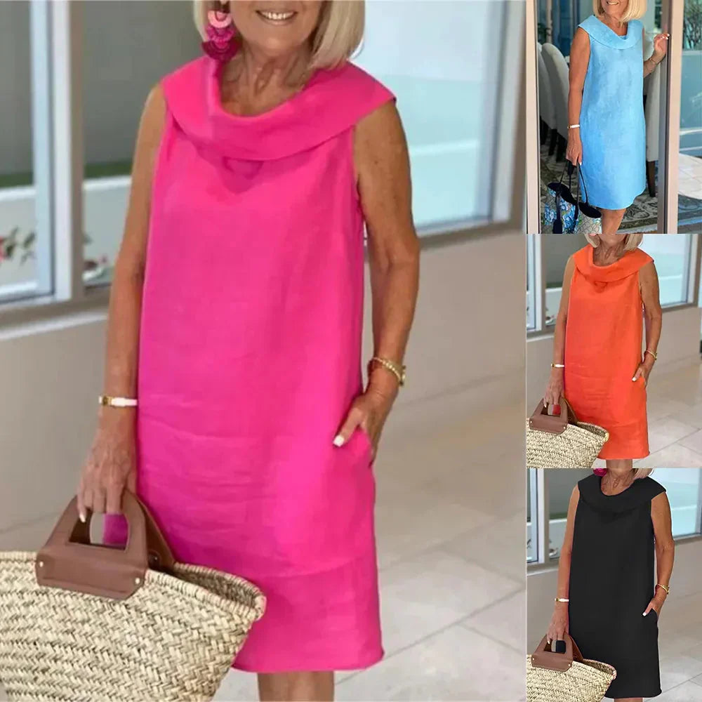 Robe Femme Coton Lin Col Montant Coupe Fluide Été Élégante