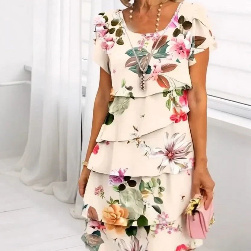 Robe femme fleurie à volants fluide col rond manches courtes été élégante