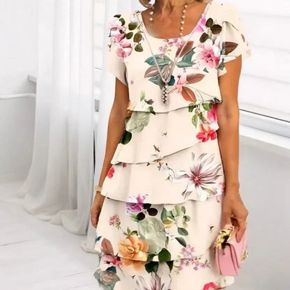 Robe femme fleurie à volants fluide col rond manches courtes été élégante