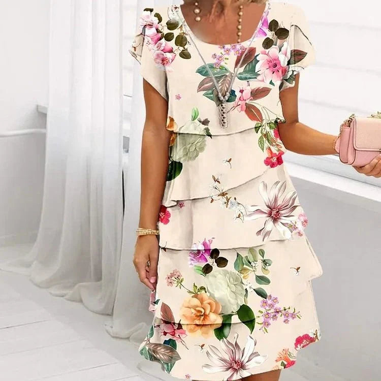 Robe femme fleurie à volants fluide col rond manches courtes été élégante