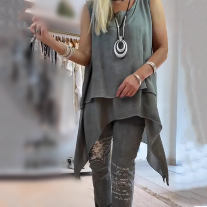 Oriane - Ensemble Femme Deux Pièces : Top Sans Manches et Pantalon Imprimé