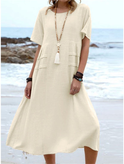 Oriana™ - Robe Midi en Coton et Lin à Col Rond