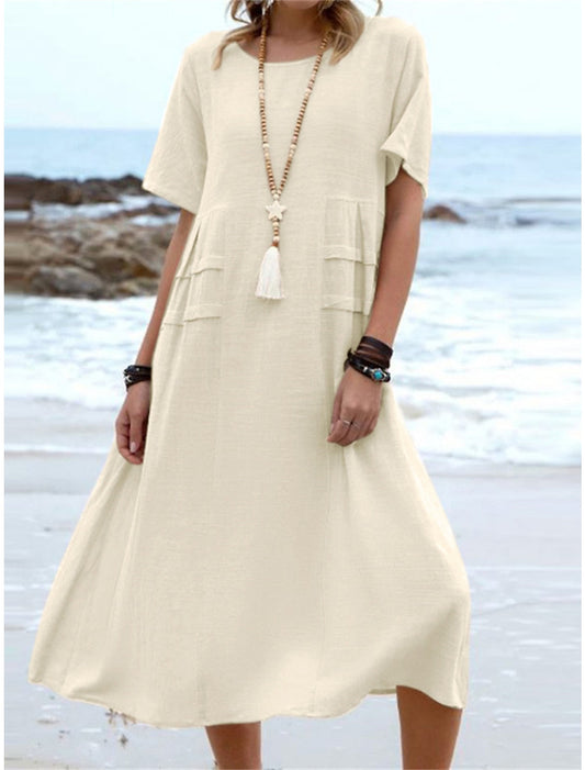 Oriana™ - Robe Midi en Coton et Lin à Col Rond