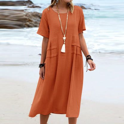 Oriana™ - Robe Midi en Coton et Lin à Col Rond