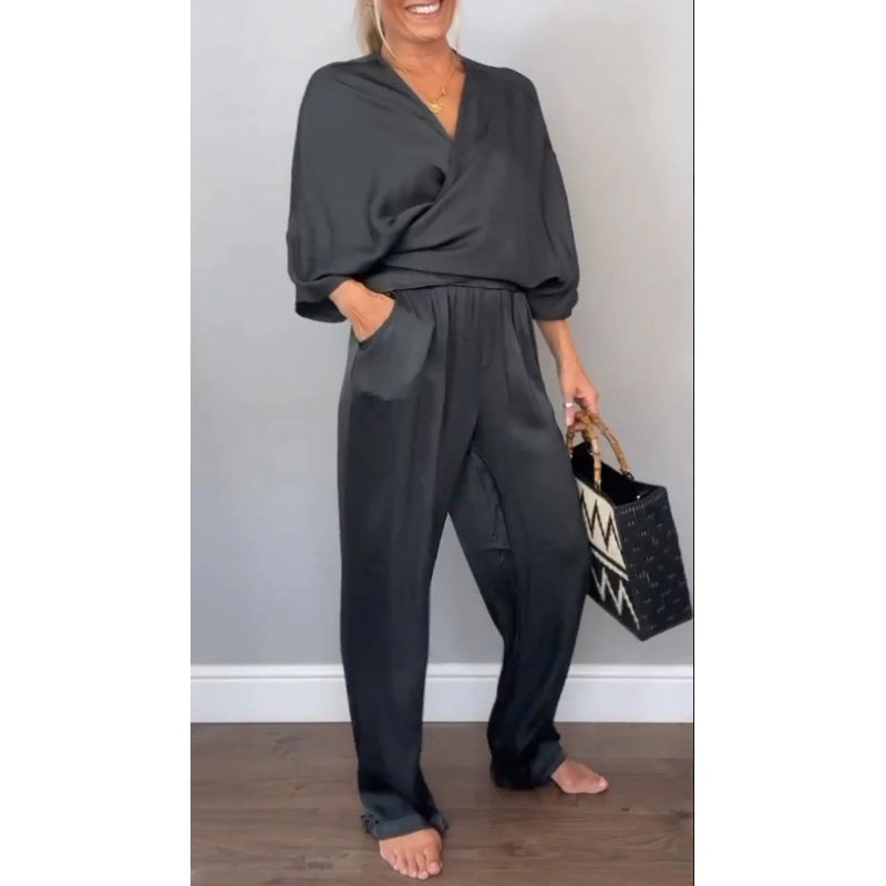 Mila | Women's 2 Piece Set V-Neck Wrap Top Wide Leg Pants
