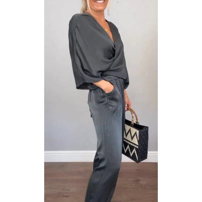 Mila | Women's 2 Piece Set V-Neck Wrap Top Wide Leg Pants