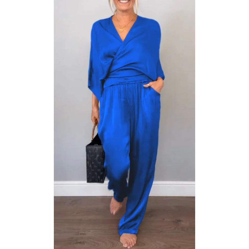 Mila | Women's 2 Piece Set V-Neck Wrap Top Wide Leg Pants