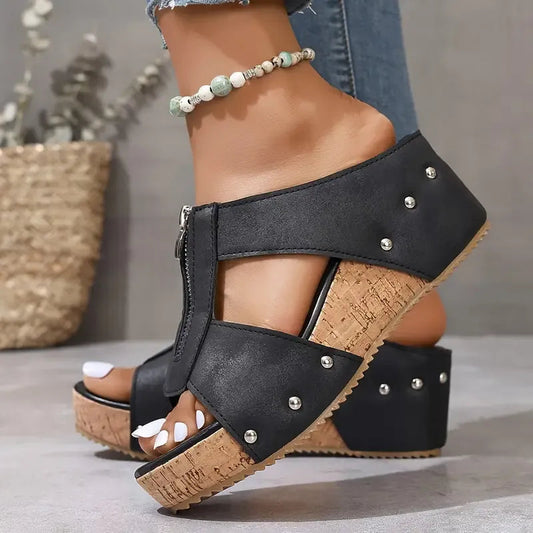 Elfia – Comfortable Wedge Sandals With Zip Closure