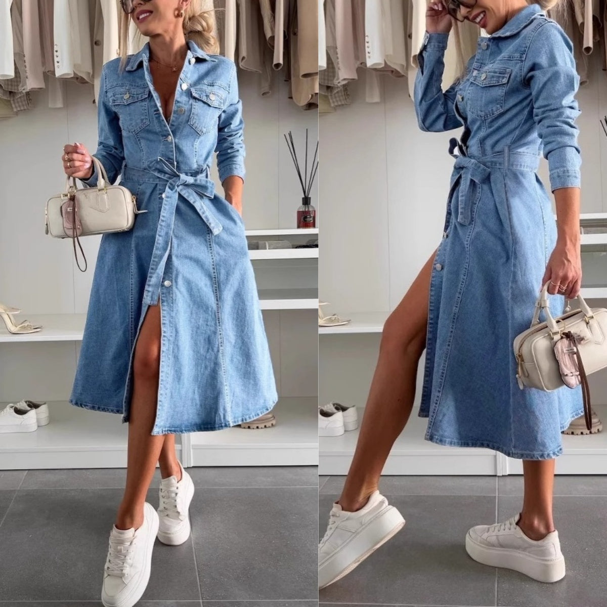 Avenyx - Dames Denim Jurk Aansluitend Met Ceintuur Moderne Veelzijdige Stijl