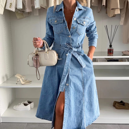 Avenyx - Dames Denim Jurk Aansluitend Met Ceintuur Moderne Veelzijdige Stijl