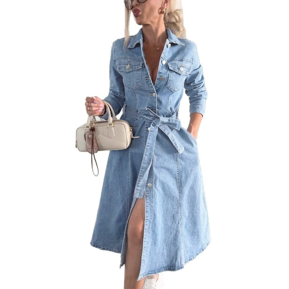Avenyx - Dames Denim Jurk Aansluitend Met Ceintuur Moderne Veelzijdige Stijl