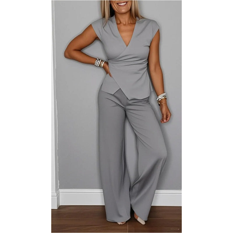 Bovirae™ - Ensemble femme élégant col V pantalon fluide moderne
