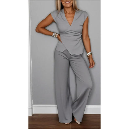 Conjunto Mujer Elegante – Escote en V con Pantalón Fluido Moderno