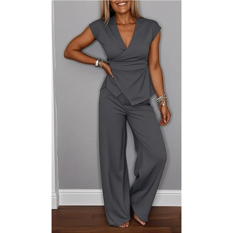Ensemble Femme Élégant Col V et Pantalon Fluide Moderne