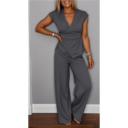 Conjunto Mujer Elegante – Escote en V con Pantalón Fluido Moderno