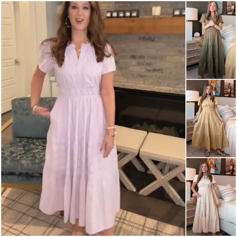 🔥Kortärmade V-neckade långklänningar för kvinnor med kort ärm👗