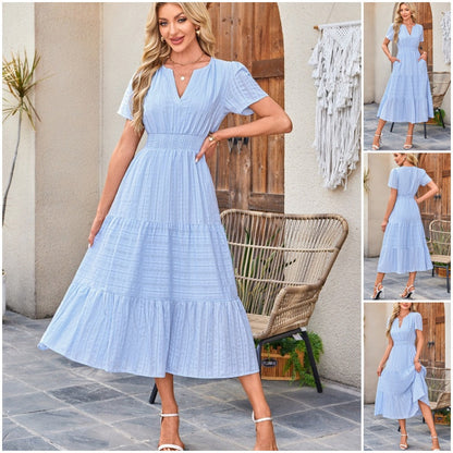 🔥Kortärmade V-neckade långklänningar för kvinnor med kort ärm👗