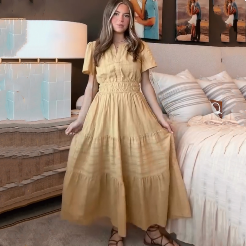 🔥Kortärmade V-neckade långklänningar för kvinnor med kort ärm👗