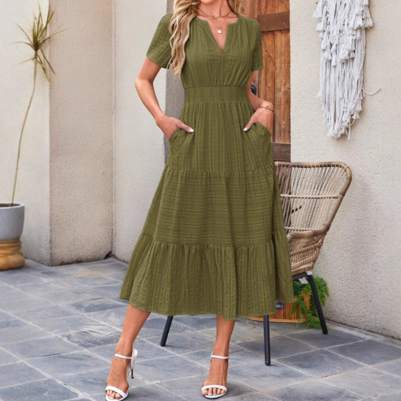 🔥Kortärmade V-neckade långklänningar för kvinnor med kort ärm👗