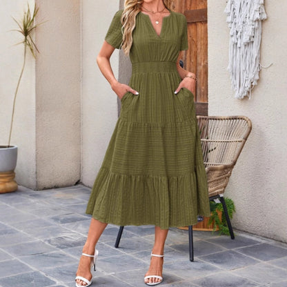 🔥Kortärmade V-neckade långklänningar för kvinnor med kort ärm👗