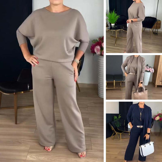 Elegant 3-delt sett som består av en lang cardigan, en topp og en bukse