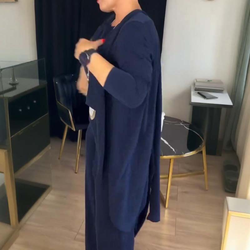 Elegant 3-delt sett som består av en lang cardigan, en topp og en bukse