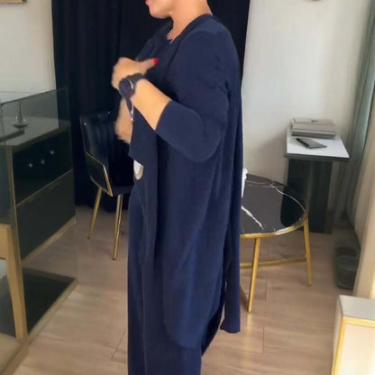 Elegant 3-delt sett som består av en lang cardigan, en topp og en bukse