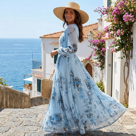 Elegant maxikjole med V-utringning og blomstermønster
