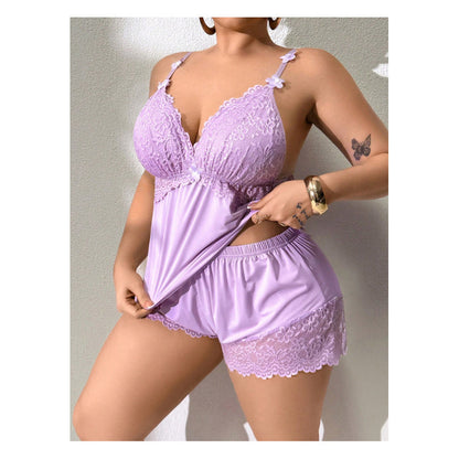 Ensemble Pyjama Femme Dentelle Bretelles Fines Short Léger Satin Élégant
