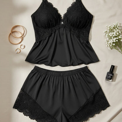 Ensemble Pyjama Femme Dentelle Bretelles Fines Short Léger Satin Élégant