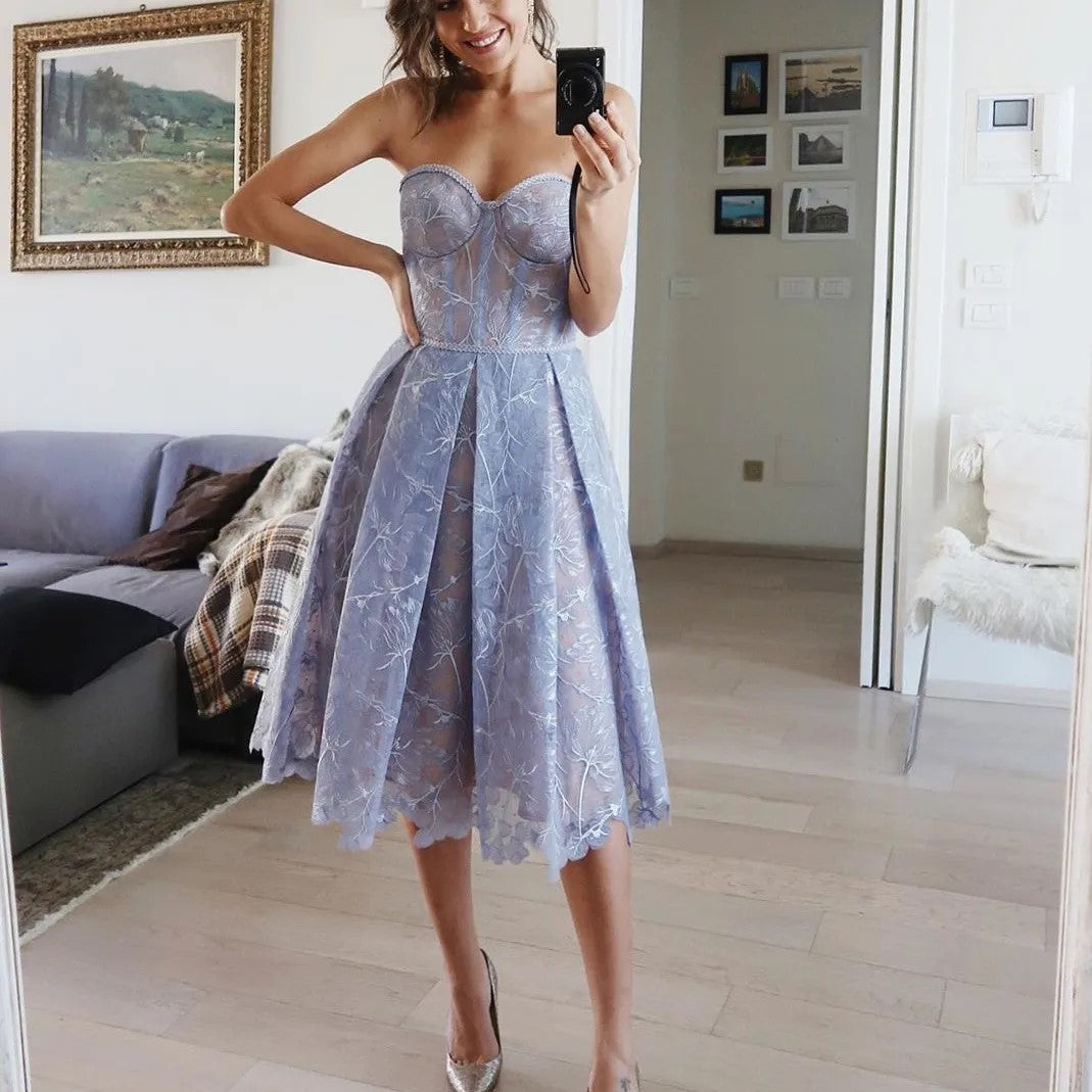 Strapless Kant Midi Dress with Corset Top - Luna-Blue-XS-Nora Luxe
