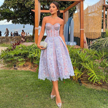 Strapless Kant Midi Dress with Corset Top - Luna-Blue-XS-Nora Luxe