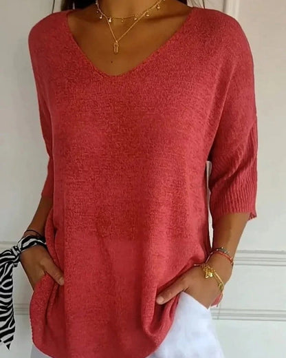 Strickbluse mit V-Ausschnitt und 3/4-Ärmeln – Alltagstaugliche Bluse Damen