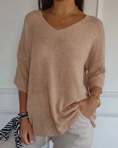 Strickbluse mit V-Ausschnitt und 3/4-Ärmeln – Alltagstaugliche Bluse Damen