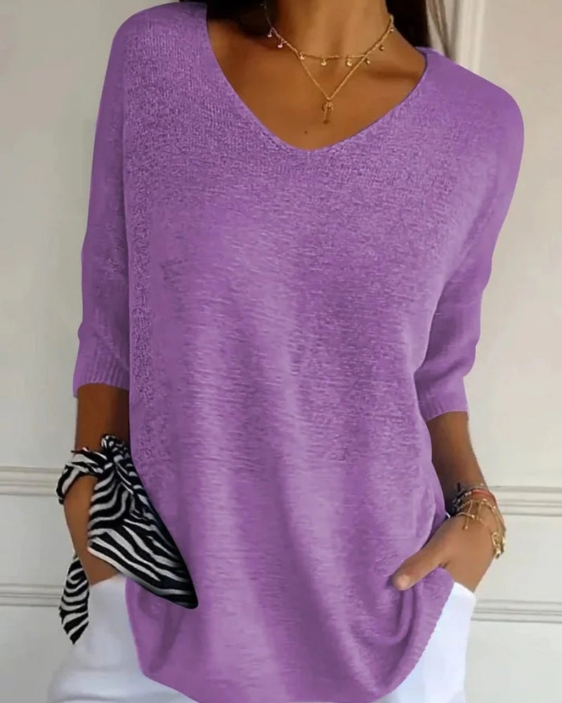 Strickbluse mit V-Ausschnitt und 3/4-Ärmeln – Alltagstaugliche Bluse Damen