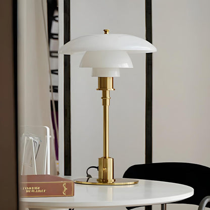 Vintage Tafellamp met Meerlagige Glazen Kap in Amber en Gouden Voet – Moderne Design Bedlamp | Restfield