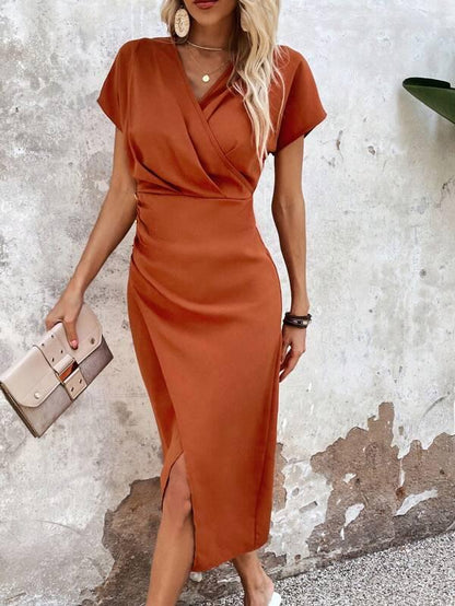 Stylish Orange V-neck Midi Dress - Ruby-M-Nora Luxe